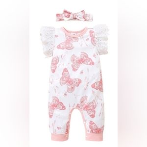 2 Piece Baby Girl Butterfly Jumpsuit & Headband